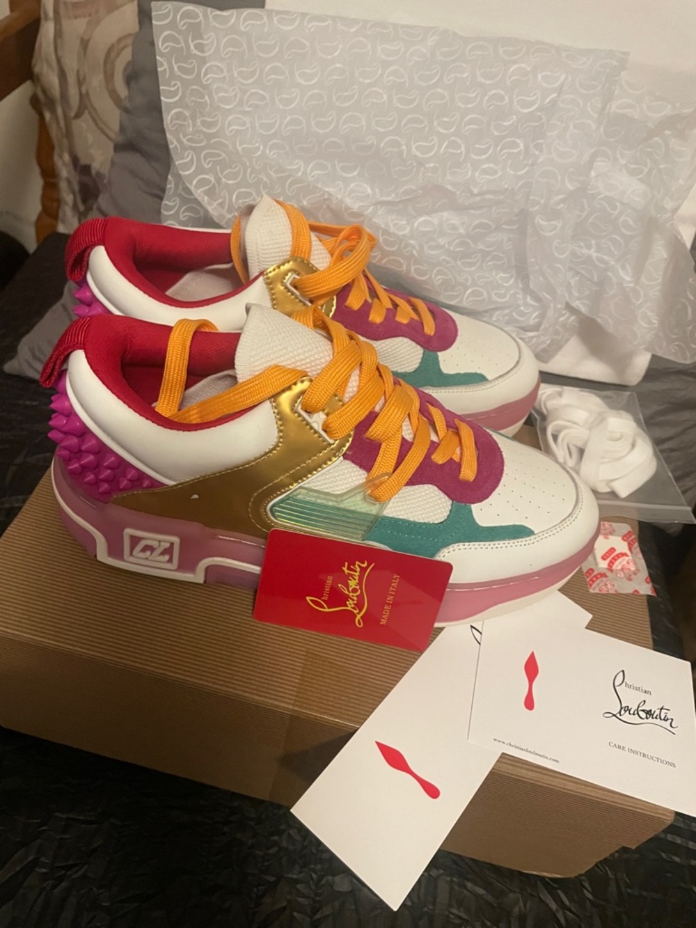 Louboutin  White Pink Teal Accent Platform Sneaker